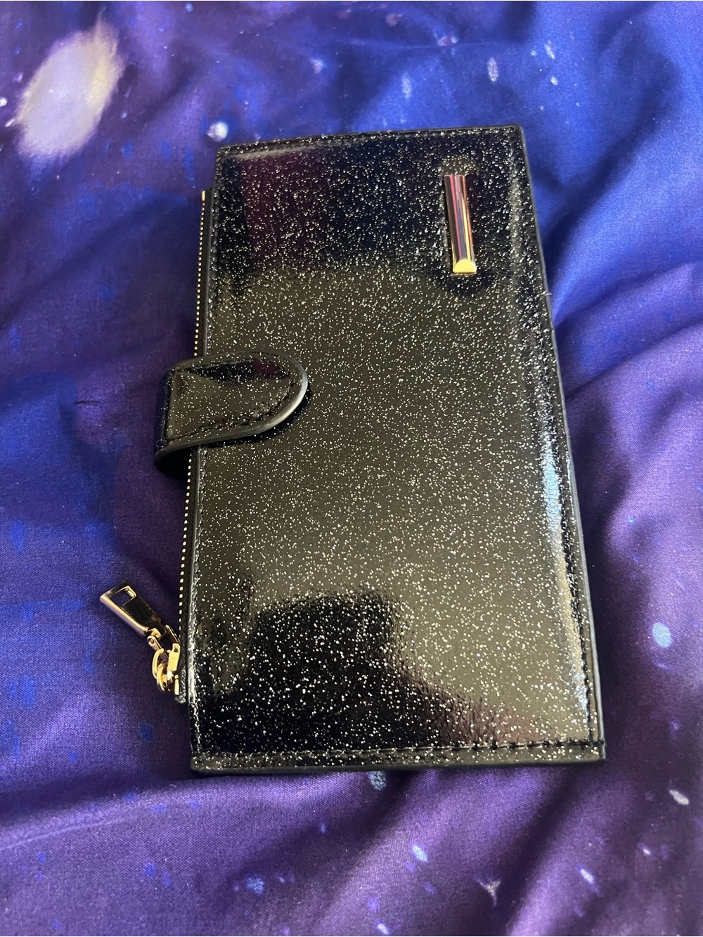 Black Glitter Card & Key Holder Wallet with Zip and Snap